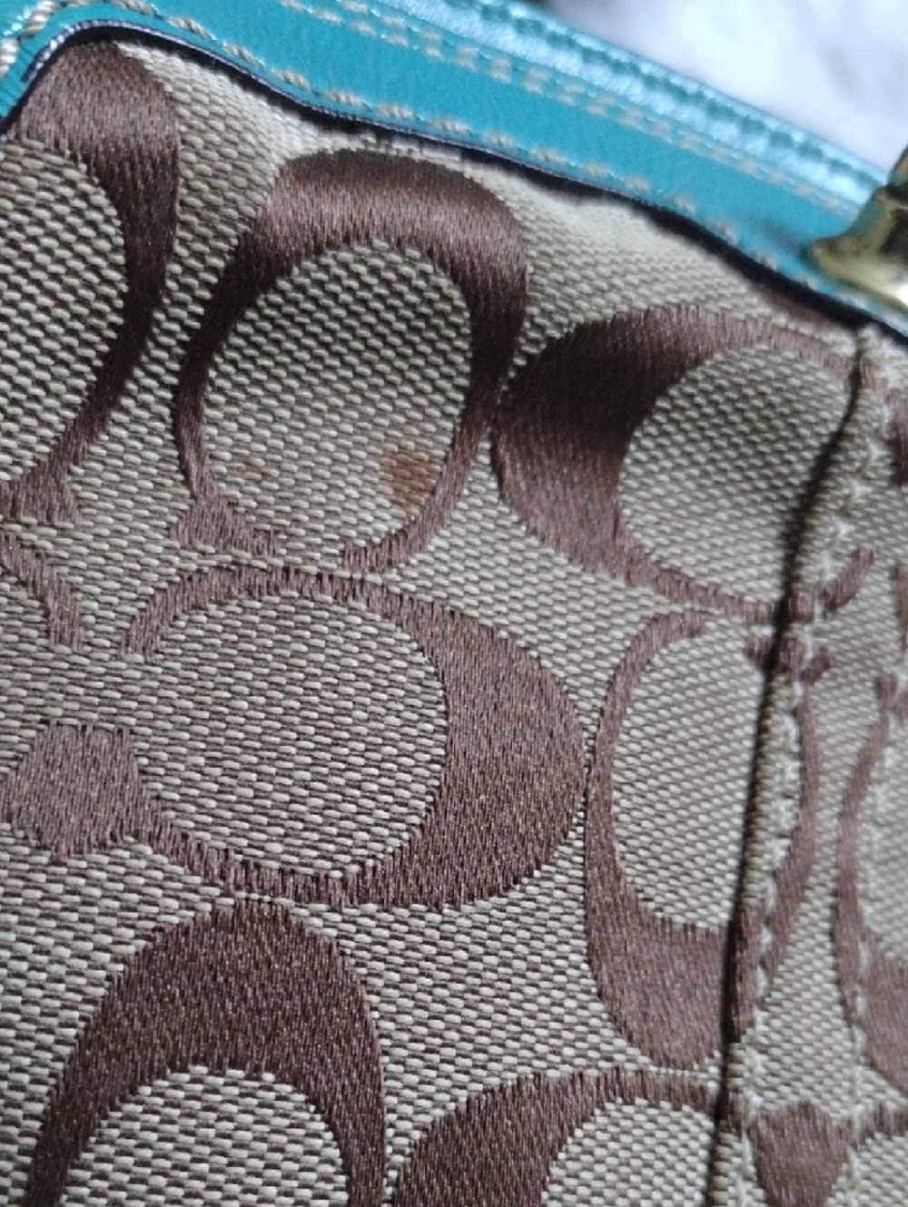 Coach Brown Signature Canvas Wristlet with Turquoise Trim - Picture 5 of 5